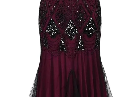 IBTOM CASTLE Flapper Dresses 1920s Gatsby Ladies Womens Vintage V Neck Beaded Sequin Mermaid Hem Formal Evening Party Dance Dress Cocktail Maxi Gown Prom Halloween Fancy Costume