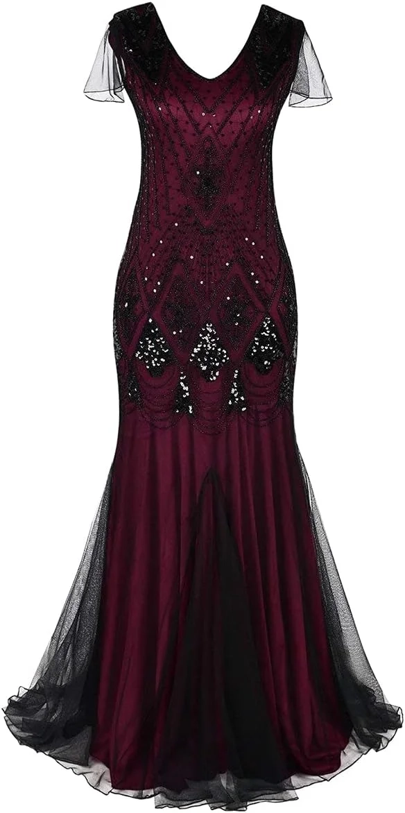 IBTOM CASTLE Flapper Dresses 1920s Gatsby Ladies Womens Vintage V Neck Beaded Sequin Mermaid Hem Formal Evening Party Dance Dress Cocktail Maxi Gown Prom Halloween Fancy Costume