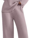 Lounge Wear Sets for Women UK Tracksuit Knit Ribbed 2 Piece Outfits V Neck Long Sleeve Jumpers + Wide Leg Trousers Pyjamas Set Sleepwear Homewear Travel Sweatsuits Tall/Petite