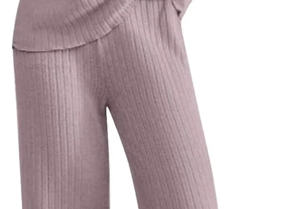 Lounge Wear Sets for Women UK Tracksuit Knit Ribbed 2 Piece Outfits V Neck Long Sleeve Jumpers + Wide Leg Trousers Pyjamas Set Sleepwear Homewear Travel Sweatsuits Tall/Petite