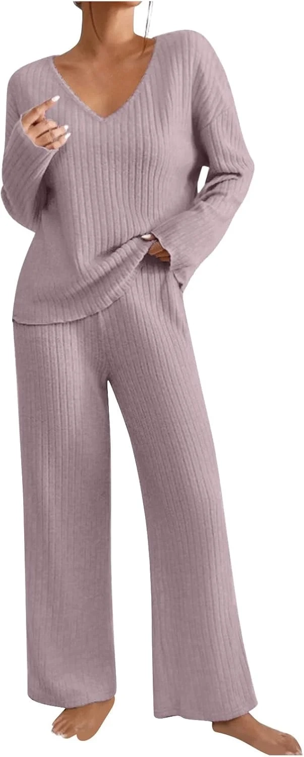 Lounge Wear Sets for Women UK Tracksuit Knit Ribbed 2 Piece Outfits V Neck Long Sleeve Jumpers + Wide Leg Trousers Pyjamas Set Sleepwear Homewear Travel Sweatsuits Tall/Petite