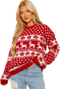 janisramone Womens Christmas Jumpers - Xmas Knitted Reindeer Snowflake Print Jumper for Women UK, Novelty Pullover Sweater, Ugly Funny Christmas Jumpers - Crew Neck Tunic Christmas Tops