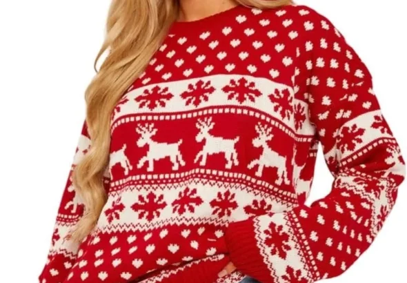 janisramone Womens Christmas Jumpers - Xmas Knitted Reindeer Snowflake Print Jumper for Women UK, Novelty Pullover Sweater, Ugly Funny Christmas Jumpers - Crew Neck Tunic Christmas Tops