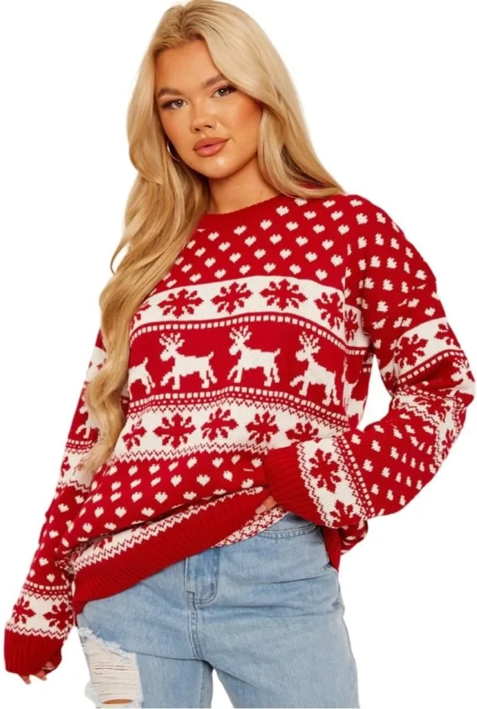 janisramone Womens Christmas Jumpers - Xmas Knitted Reindeer Snowflake Print Jumper for Women UK, Novelty Pullover Sweater, Ugly Funny Christmas Jumpers - Crew Neck Tunic Christmas Tops