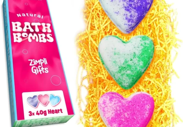 ZIMPLI - 3 x UK Made Love Heart Bath Bombs Gift Set, Valentine's Day Present, Women, Girls, Sister, Daughter, Her, Christmas Stocking Filler