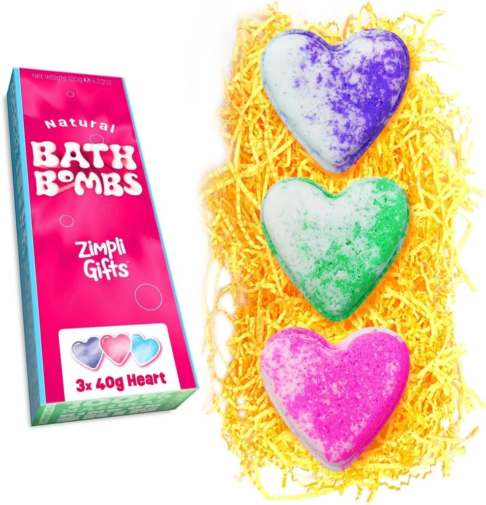 ZIMPLI - 3 x UK Made Love Heart Bath Bombs Gift Set, Valentine's Day Present, Women, Girls, Sister, Daughter, Her, Christmas Stocking Filler