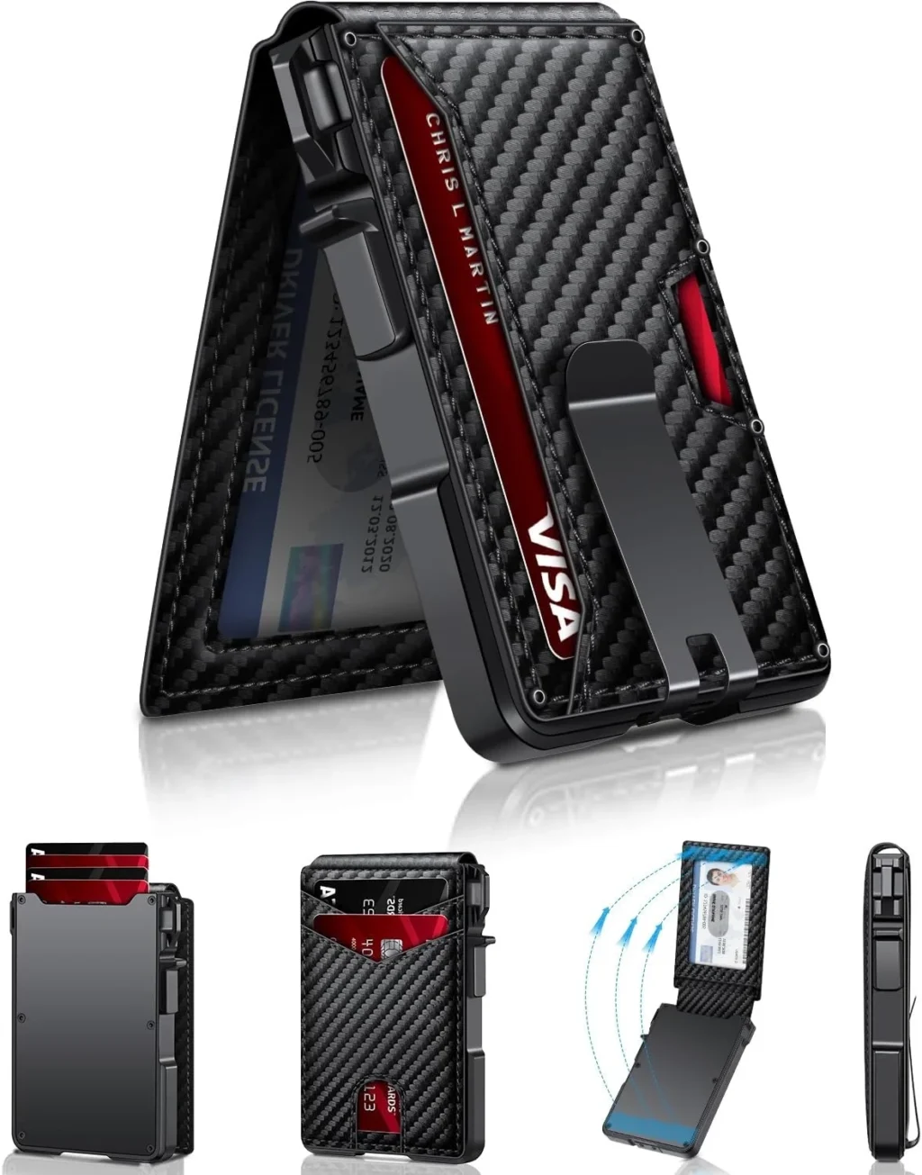 Men's Minimalist Wallet with Money Clip & ID Window - RFID Blocking Smart Pop Up Card Holder for 9-13 Cards - Slim Compact Metal Aluminum Leather Bifold Wallet