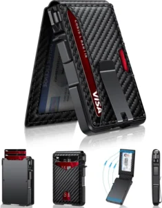 Men's Minimalist Wallet with Money Clip & ID Window - RFID Blocking Smart Pop Up Card Holder for 9-13 Cards - Slim Compact Metal Aluminum Leather Bifold Wallet