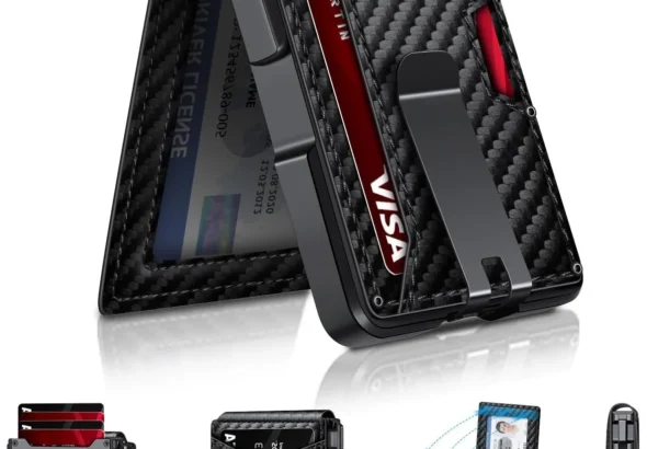 Men's Minimalist Wallet with Money Clip & ID Window - RFID Blocking Smart Pop Up Card Holder for 9-13 Cards - Slim Compact Metal Aluminum Leather Bifold Wallet