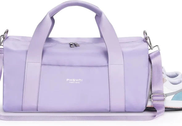 Gym Bag for Women,Pu Leather Handle,Dry Wet Separated with Shoe Compartment & Wet Pocket,Waterproof Duffle Bag for Travel Sports Fitness Workout Athletic (Purple, 19"-Medium)