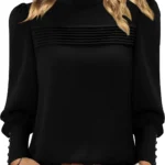 KISSMODA Womens Puff Long Sleeve Mock Neck Blouses Pleated Front Shirts Basic Trendy Dressy Tunic Tops Solid Color Fall Outfits with Button Cuff