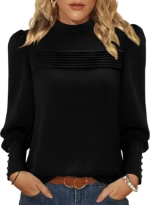 KISSMODA Womens Puff Long Sleeve Mock Neck Blouses Pleated Front Shirts Basic Trendy Dressy Tunic Tops Solid Color Fall Outfits with Button Cuff