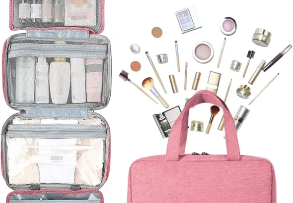 Hanging Toiletry Bag,Large Capacity Travel Wash Bag,Waterproof Travel Wash Bag with 4 Compartments,Portable Cosmetic Bag for Men & Women (Pink)