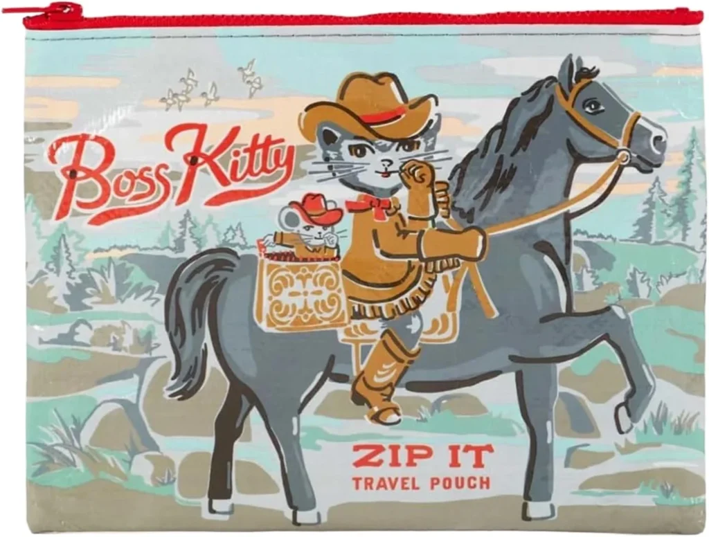 Blue Q Zipper Pouch Cosmetic Bag for Women, Travel Essentials, School Supply Bag, Purse Accessory Storage for Makeup or Toiletries Made from 95% Recycled Plastic, Boss Kitty, 7.25" h x 9.5" w