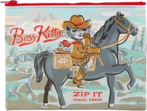 Blue Q Zipper Pouch Cosmetic Bag for Women, Travel Essentials, School Supply Bag, Purse Accessory Storage for Makeup or Toiletries Made from 95% Recycled Plastic, Boss Kitty, 7.25" h x 9.5" w