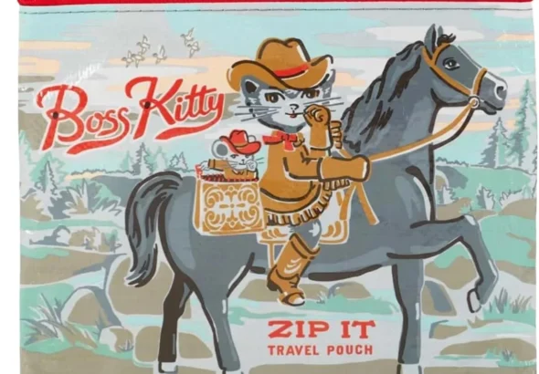 Blue Q Zipper Pouch Cosmetic Bag for Women, Travel Essentials, School Supply Bag, Purse Accessory Storage for Makeup or Toiletries Made from 95% Recycled Plastic, Boss Kitty, 7.25" h x 9.5" w