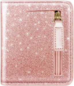 Womens Small RFID Blocking Wallet Compact Bifold Pocket Cute Credit Card Holder Leather Coin Slot Ladies Mini Purse with ID Window, Glitter Rose Gold, Minimalist
