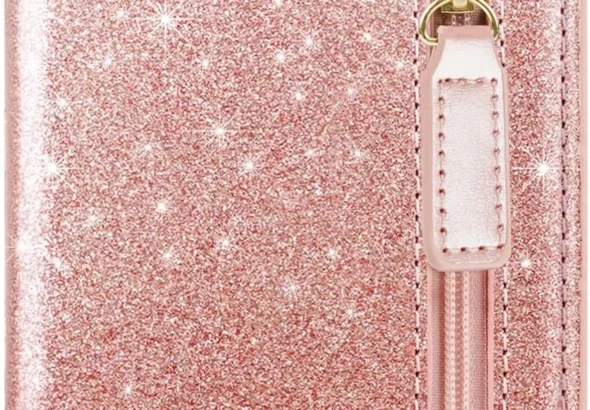 Womens Small RFID Blocking Wallet Compact Bifold Pocket Cute Credit Card Holder Leather Coin Slot Ladies Mini Purse with ID Window, Glitter Rose Gold, Minimalist