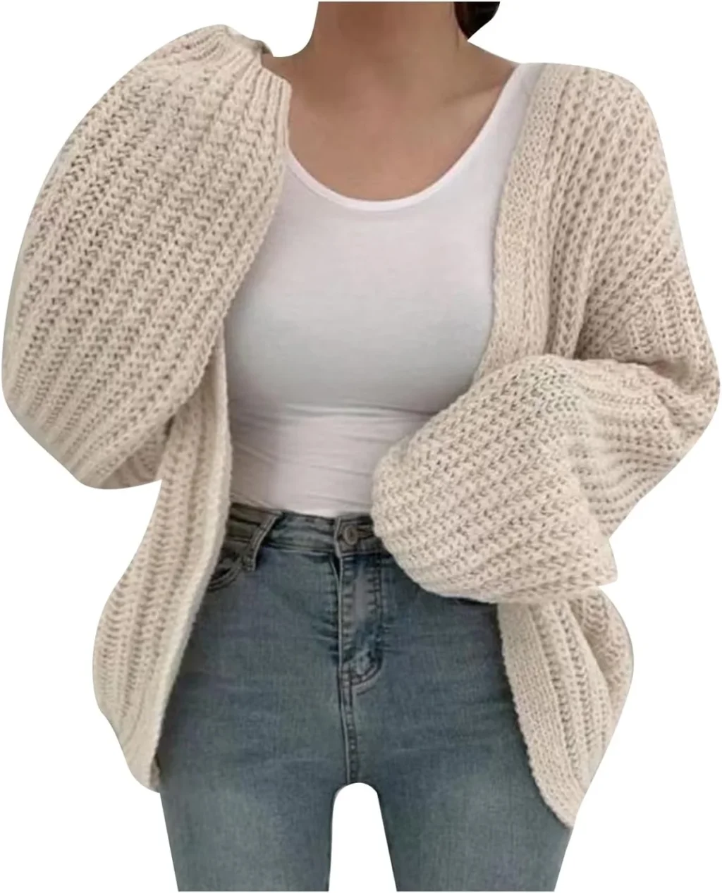 Women's Autumn Winter Coat Balloon Sleeves Knitted Cardigan Solid Color Versatile Lazy Style Thick Sweater Casual Loose Open Front Knitwear