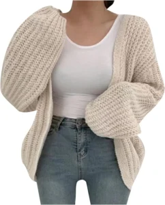 Women's Autumn Winter Coat Balloon Sleeves Knitted Cardigan Solid Color Versatile Lazy Style Thick Sweater Casual Loose Open Front Knitwear