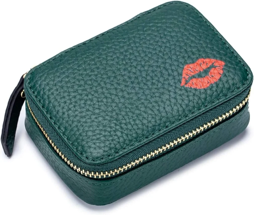 Mini Lipstick Case Holder Box with Mirror Genuine Leather Small Travel Makeup Cosmetic Pouch Bag Storage Kit for Women Girls (Dark Green)