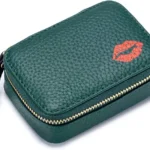 Mini Lipstick Case Holder Box with Mirror Genuine Leather Small Travel Makeup Cosmetic Pouch Bag Storage Kit for Women Girls (Dark Green)
