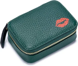 Mini Lipstick Case Holder Box with Mirror Genuine Leather Small Travel Makeup Cosmetic Pouch Bag Storage Kit for Women Girls (Dark Green)