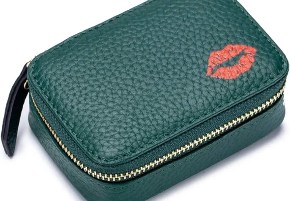 Mini Lipstick Case Holder Box with Mirror Genuine Leather Small Travel Makeup Cosmetic Pouch Bag Storage Kit for Women Girls (Dark Green)