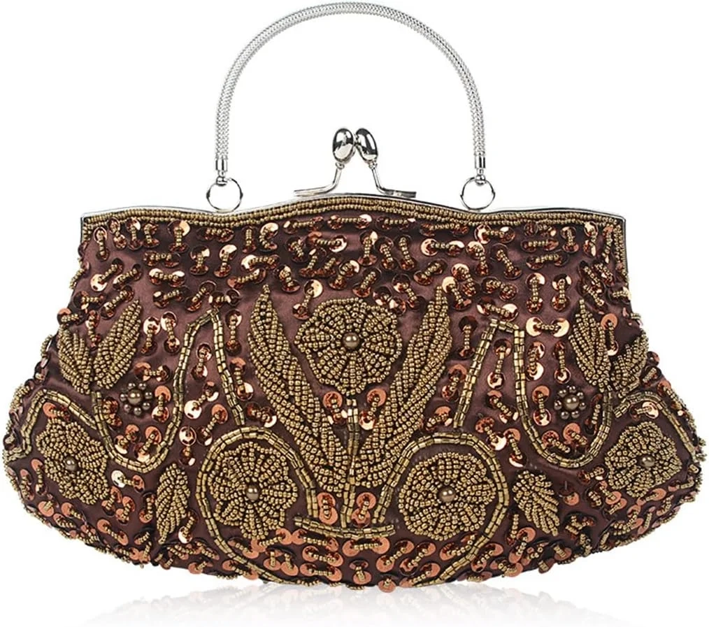 Evening Clutch Bag for Women Vintage Beaded Sequin Handbag Bridal Wedding Purse Fashion Floral Shoulder Bag - 1920s Accessories Glitter Crossbody Bag for Banquet Party Cocktail Prom Coffee