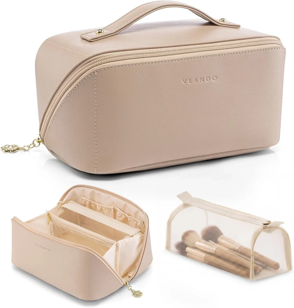 Vlando Travel Makeup Bag,Toiletry Bag for Women PU Leather Open Flat Make up Bag, 01.Toffee, Classic Elegant