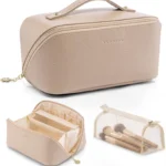 Vlando Travel Makeup Bag,Toiletry Bag for Women PU Leather Open Flat Make up Bag, 01.Toffee, Classic Elegant