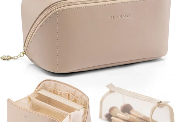 Vlando Travel Makeup Bag,Toiletry Bag for Women PU Leather Open Flat Make up Bag, 01.Toffee, Classic Elegant