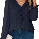 Simplee Womens Dressy Long Sleeve Blouse Casual V-Neck Ruffle Business Tops Chiffon Work Ladies Shirts 2025 Fall Trendy