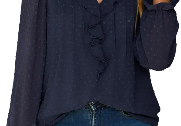 Simplee Womens Dressy Long Sleeve Blouse Casual V-Neck Ruffle Business Tops Chiffon Work Ladies Shirts 2025 Fall Trendy