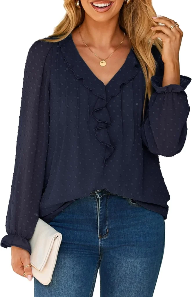 Simplee Womens Dressy Long Sleeve Blouse Casual V-Neck Ruffle Business Tops Chiffon Work Ladies Shirts 2025 Fall Trendy