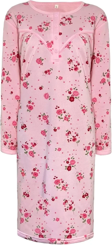 i-Smalls Womens Thermal Fleece Nightdress - 65% Cotton Floral Nightie - Long Sleeve Warm Winter Nightgown - Ladies Plus Size Soft Fleece Nightwear - Sizes M to XXL
