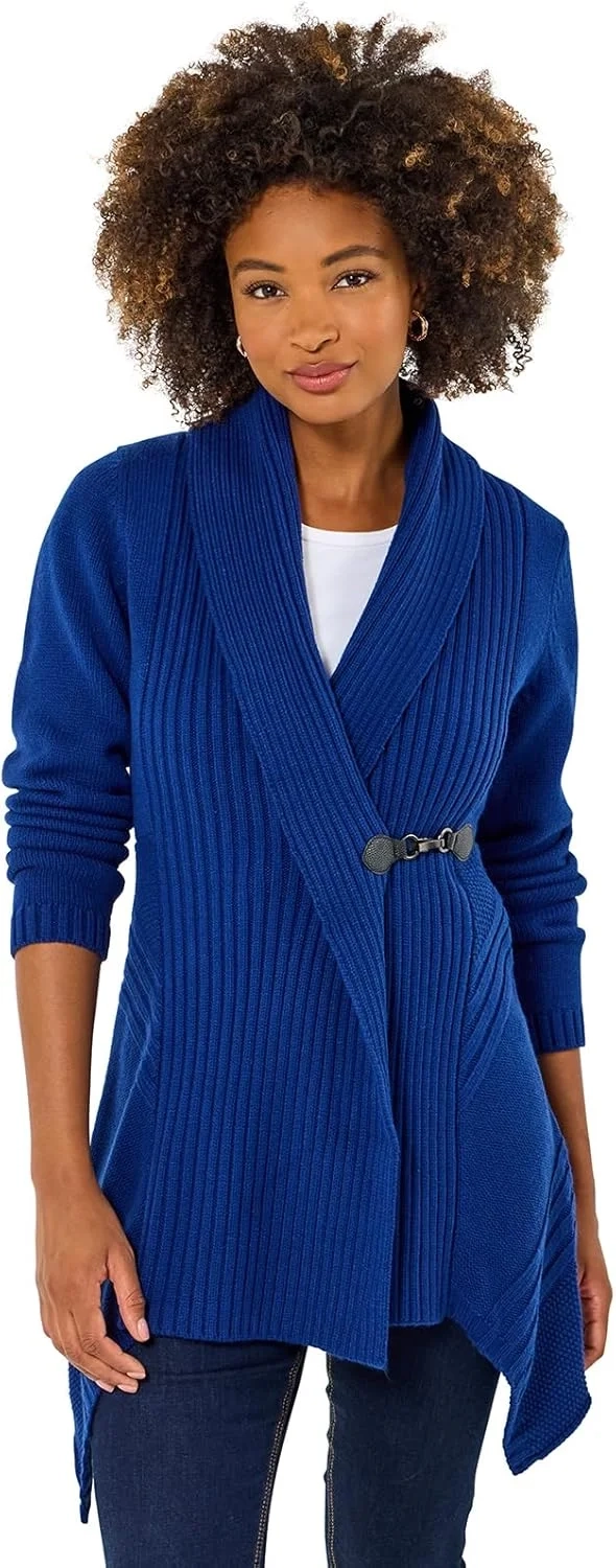 Joe Browns Women's Asymmetric Shawl Collar Buckled Cardigan, Regular, Blue
