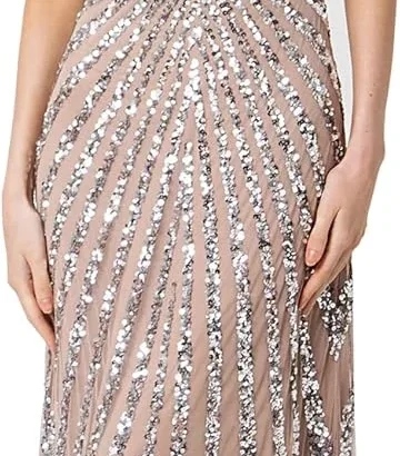Maya Deluxe Maxi Womens Ladies Embellished Sequin Dress Long Short Sleeve V Neck High Empire Waist A Cut Shiny Prom Wedding