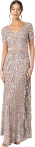 Maya Deluxe Maxi Womens Ladies Embellished Sequin Dress Long Short Sleeve V Neck High Empire Waist A Cut Shiny Prom Wedding
