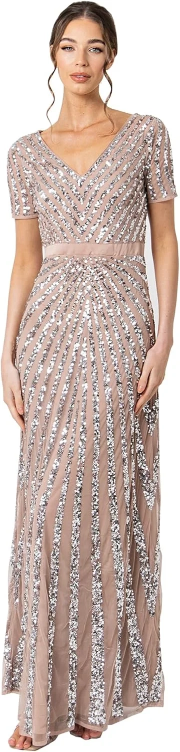 Maya Deluxe Maxi Womens Ladies Embellished Sequin Dress Long Short Sleeve V Neck High Empire Waist A Cut Shiny Prom Wedding