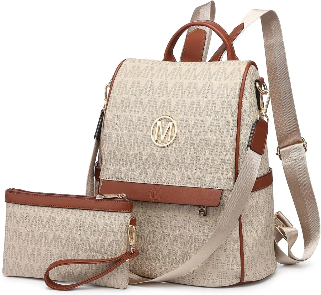 MKP Women Fashion Backpack Purse Multi Pockets Signature Anti-Theft Rucksack Travel Ladies Shoulder Bag Handbag 2Pcs, Beige, 11.8"L x 5.5"W x 14"H, Women Fashion Backpack