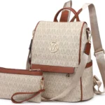 MKP Women Fashion Backpack Purse Multi Pockets Signature Anti-Theft Rucksack Travel Ladies Shoulder Bag Handbag 2Pcs, Beige, 11.8"L x 5.5"W x 14"H, Women Fashion Backpack