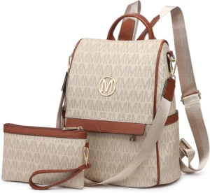 MKP Women Fashion Backpack Purse Multi Pockets Signature Anti-Theft Rucksack Travel Ladies Shoulder Bag Handbag 2Pcs, Beige, 11.8"L x 5.5"W x 14"H, Women Fashion Backpack