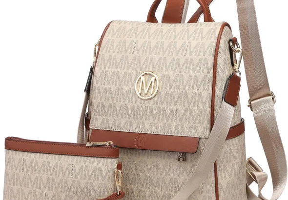 MKP Women Fashion Backpack Purse Multi Pockets Signature Anti-Theft Rucksack Travel Ladies Shoulder Bag Handbag 2Pcs, Beige, 11.8"L x 5.5"W x 14"H, Women Fashion Backpack