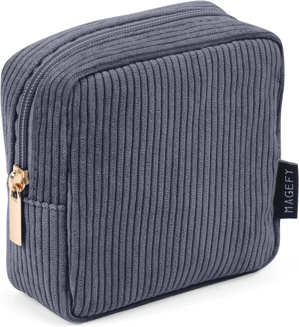 MAGEFY Makeup Bag Corduroy Small Makeup Bag Mini Pouch with Compartments for Handbag Travel Cosmetic Bag for Women