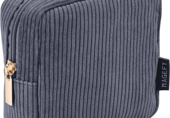 MAGEFY Makeup Bag Corduroy Small Makeup Bag Mini Pouch with Compartments for Handbag Travel Cosmetic Bag for Women