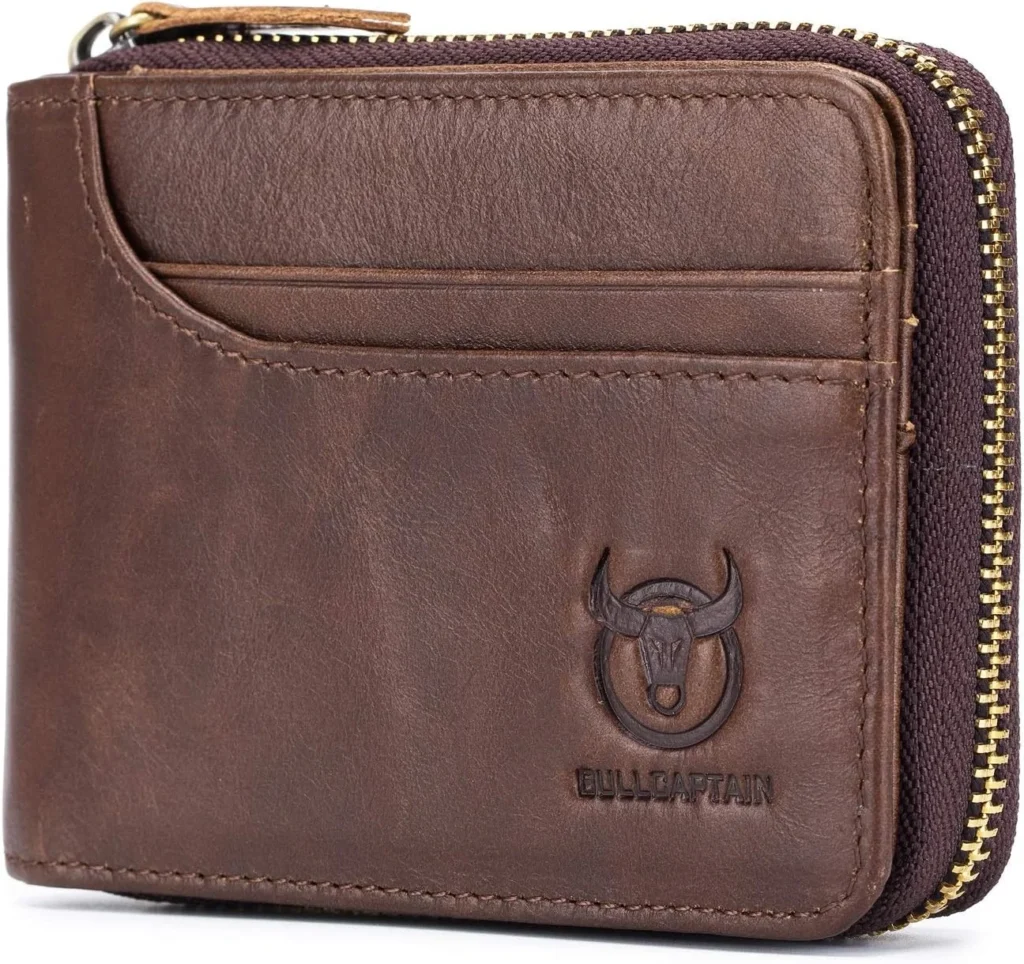 Mens Leather Zipper Wallet RFID Blocking Bifold Secure Vintage Zip Around Multi Credit Card Holder, brown, S, Vintage