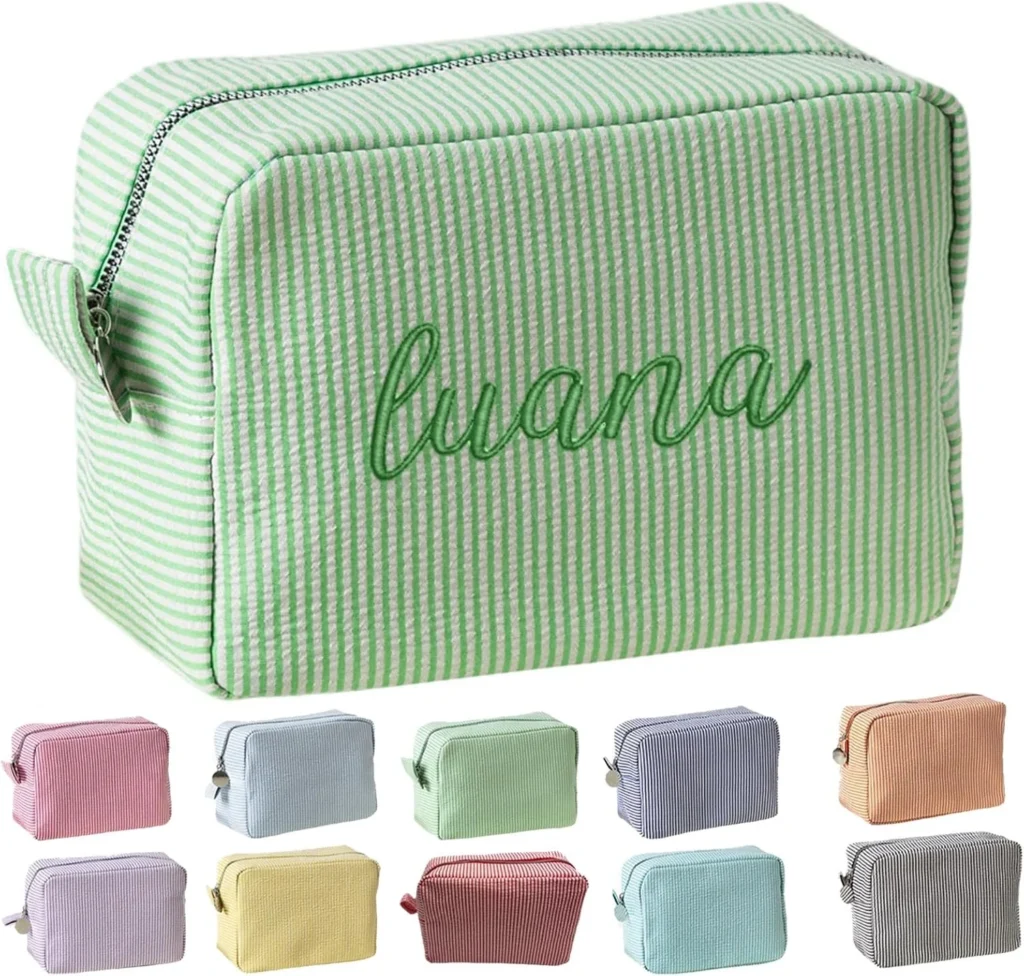 Personalised Makeup Bag for Women, Large Personalised Toiletry Bag, Striped Embroidered Cosmetic Bag, Custom Name/Text Travel Toiletry Organiser Large Capacity, Women Girls Gifts (Green)
