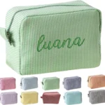 Personalised Makeup Bag for Women, Large Personalised Toiletry Bag, Striped Embroidered Cosmetic Bag, Custom Name/Text Travel Toiletry Organiser Large Capacity, Women Girls Gifts (Green)