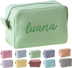 Personalised Makeup Bag for Women, Large Personalised Toiletry Bag, Striped Embroidered Cosmetic Bag, Custom Name/Text Travel Toiletry Organiser Large Capacity, Women Girls Gifts (Green)